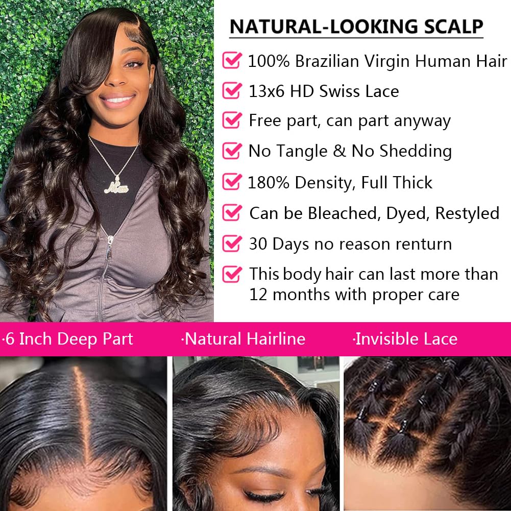 13x6 Lace Front Human Hair Wig Natural Color, Body Wave, Density