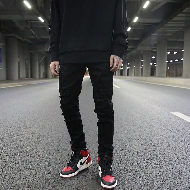 Title 6, Black All-Match Slim-Fit Jeans With Ripped Patches