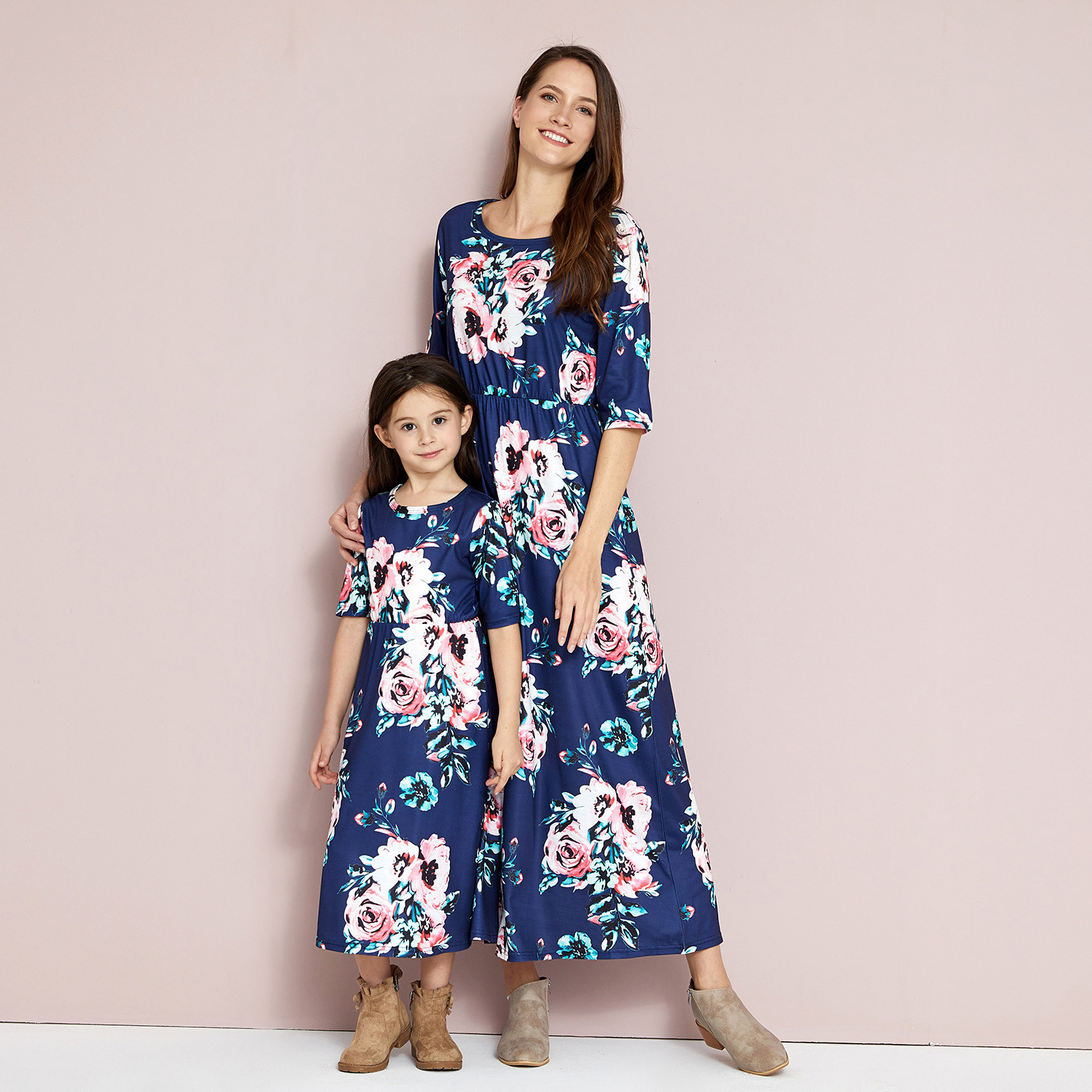 Parent-child Printed Mother And Daughter Mid-length Sleeve Dress Women's Long Skirt