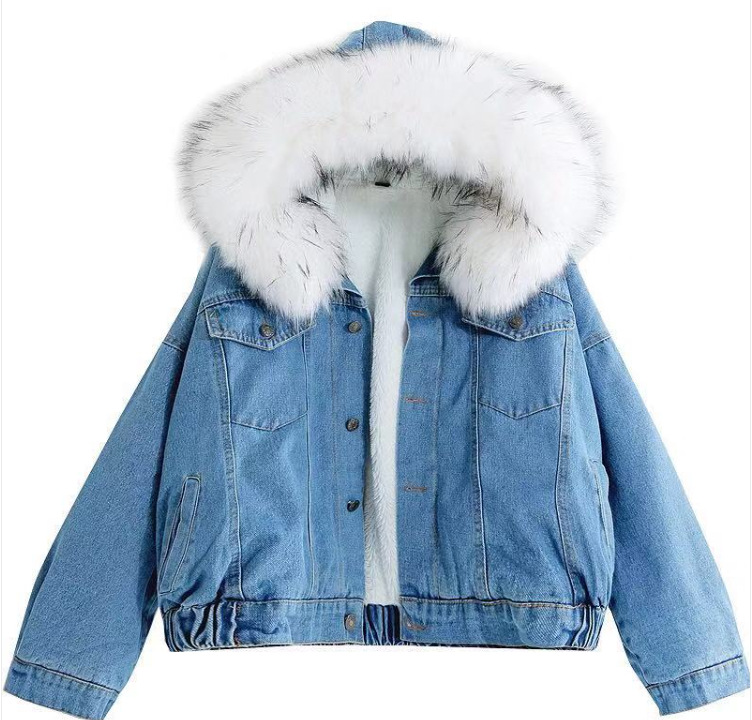 Hooded and velvet lamb denim jacket White - Shop at LoveMi