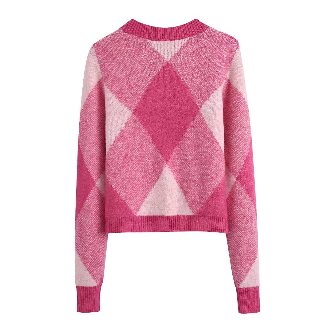 Ladies Fashion Casual Argyle Knit Jacket