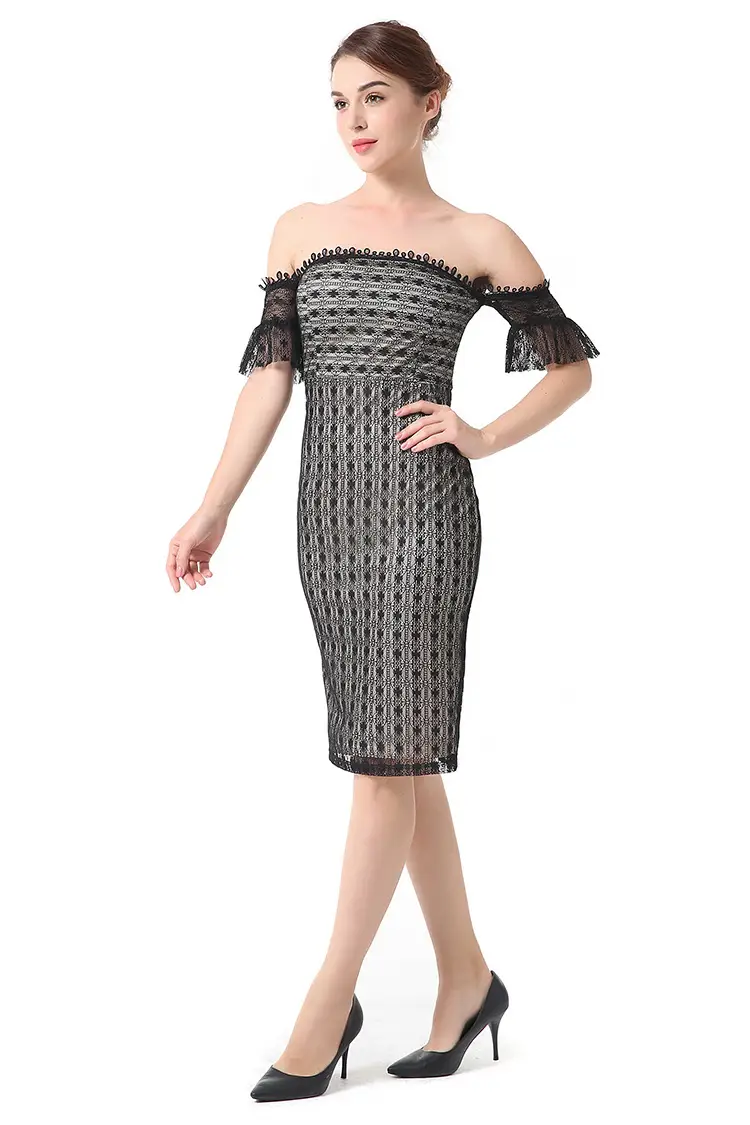 Slim-Fit Lace Contrast Banquet Dress With A Word Collar And Hips