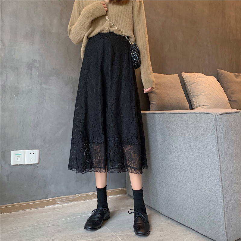 Half-length Skirt Female A-line High Waist Design Long Skirt White Lace