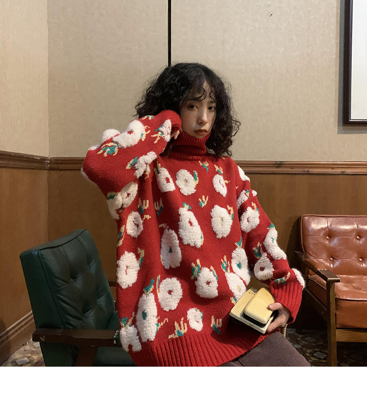 Women's High Neck Long Sleeve Christmas Knitted Pullover Sweater