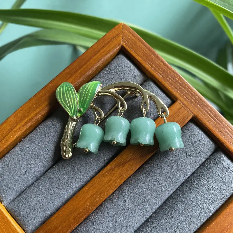 Natural Golden Jade Glass Berry Lily Of The Valley Brooch