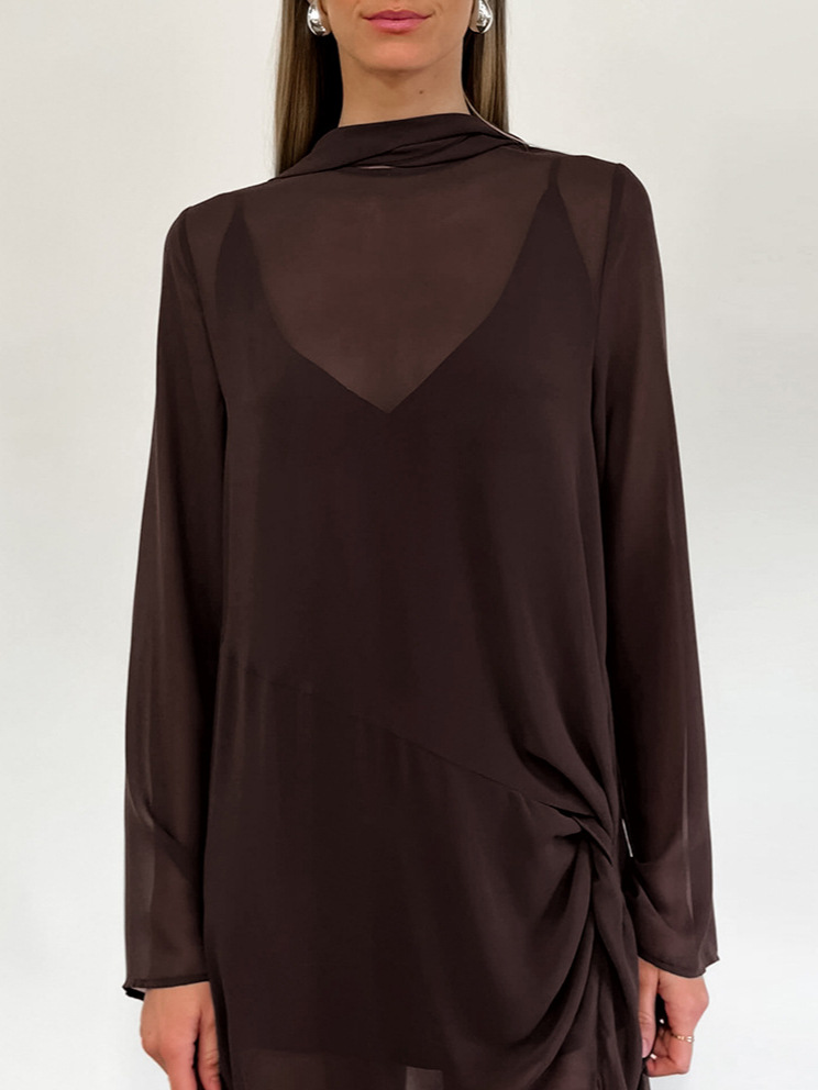 Mesh Sheer Round Neck Long Sleeve Tie Bow Slit Dress