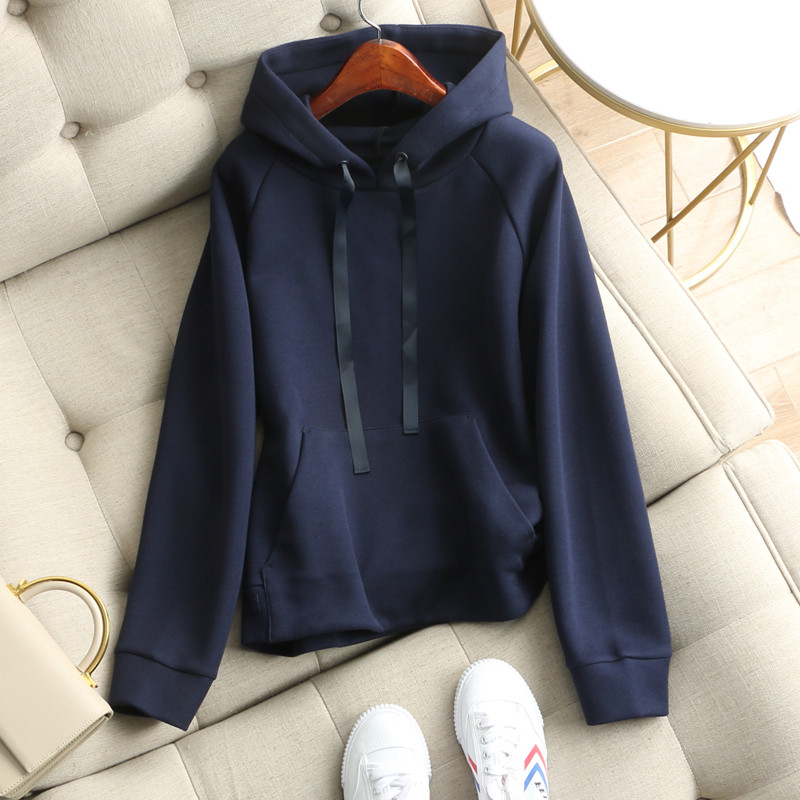Women's Plain Hooded Drawstring Loose Sweater Navy Blue - Shop at LoveMi