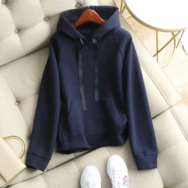 Women's Plain Hooded Drawstring Loose Sweater Blue - Shop at LoveMi