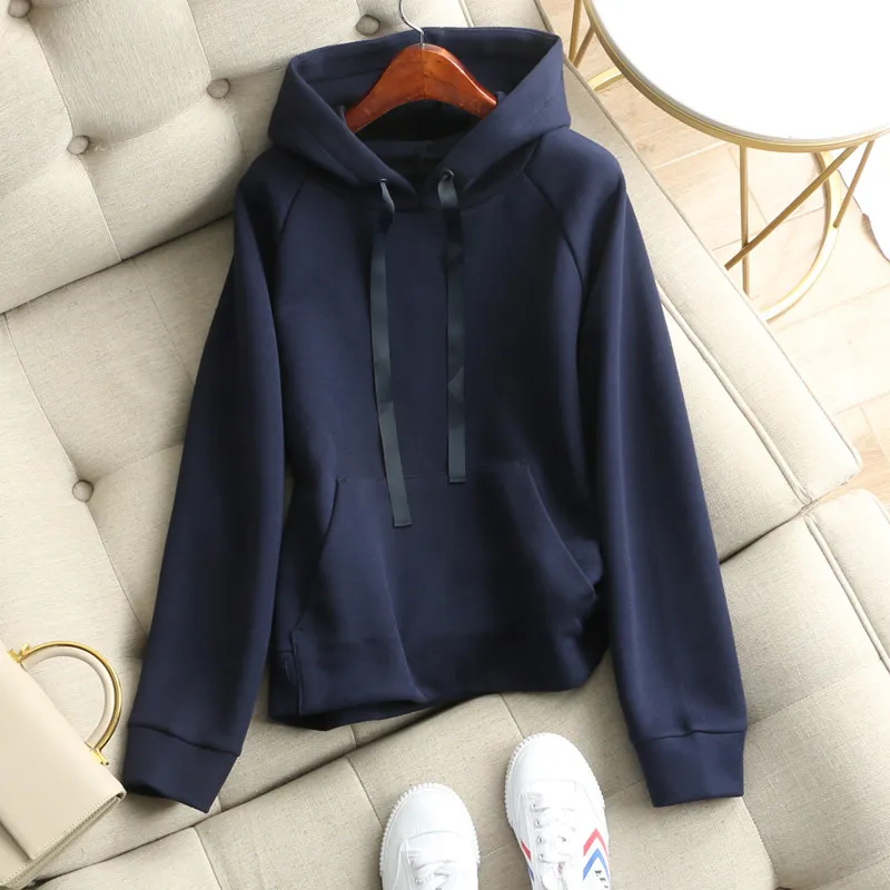 Women's Plain Hooded Drawstring Loose Sweater - Blue
