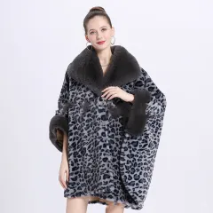 Leopard Print Big Hair Leader Mouth Cardigan Cape Women - Grey - View 1