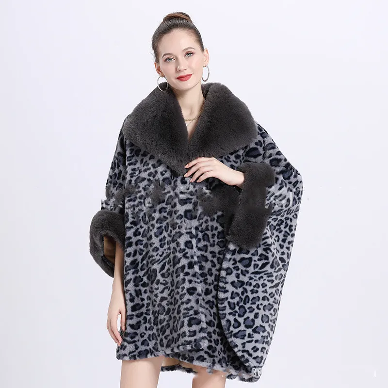 Leopard Print Big Hair Leader Mouth Cardigan Cape Women - Grey