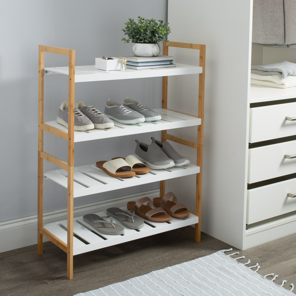 Two Piece Set Of Sonora Bamboo Four Layer Stackable White Shoe Rack, Capable Of Storing 12 Pairs Of Shoes  Limited To Five Orders Per Address