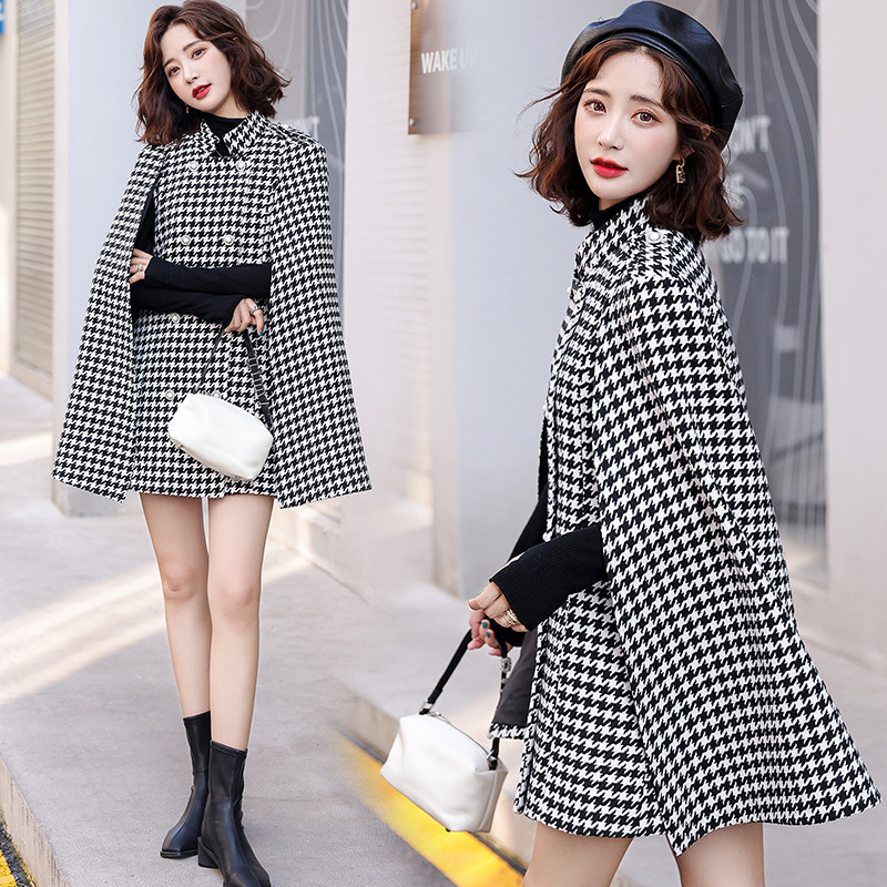 Houndstooth Cloak Woolen Coat Female New Style Fashionable