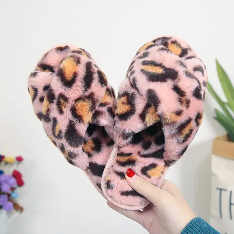 Cross-strap Fuzzy Slippers Leopard Plush House Shoes Flat Bedroom