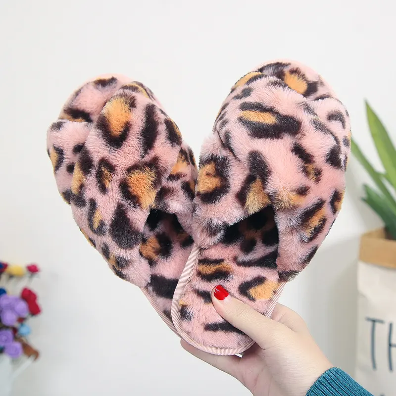 Cross-strap Fuzzy Slippers Leopard Plush House Shoes Flat Bedroom