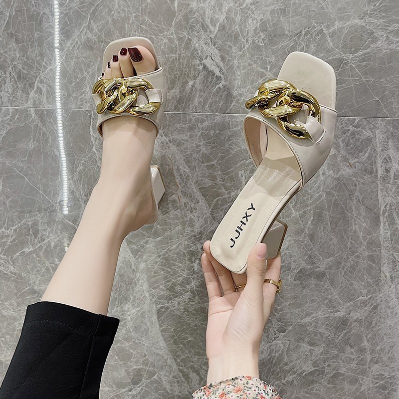 Square-toe Thick Heel High-heeled Sandals And Slippers