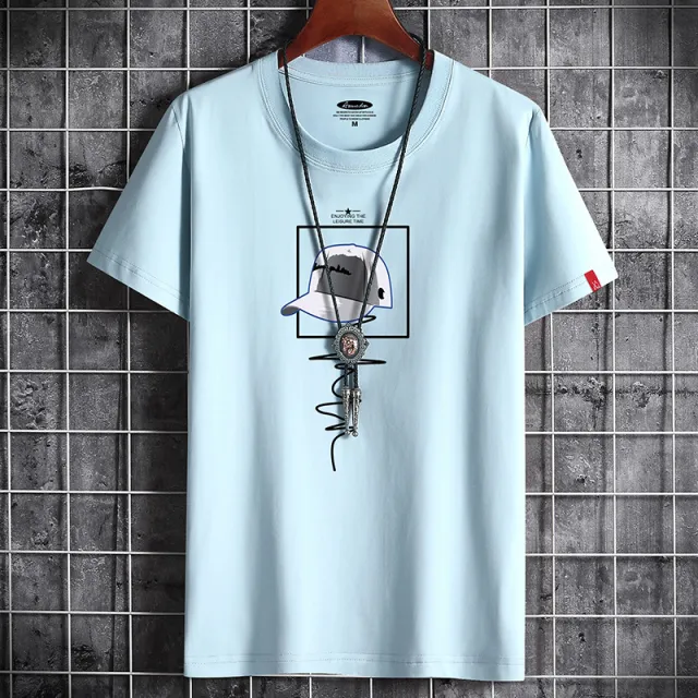 Short sleeved T shirt Men's Summer Cotton Loose fitting Plus Size Men's Shirt Blue - Shop at LoveMi