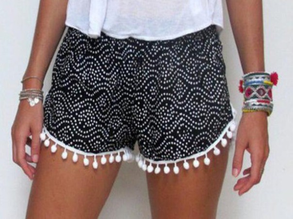 Printed elastic waist shorts beach pants Blcak - Shop at LoveMi