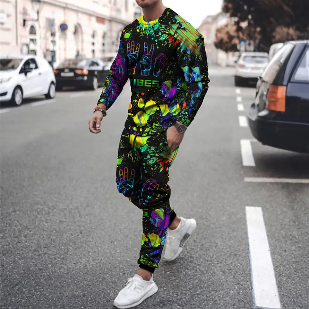 Funny New Long-sleeved Sports Two-piece Round Neck Casual Printed