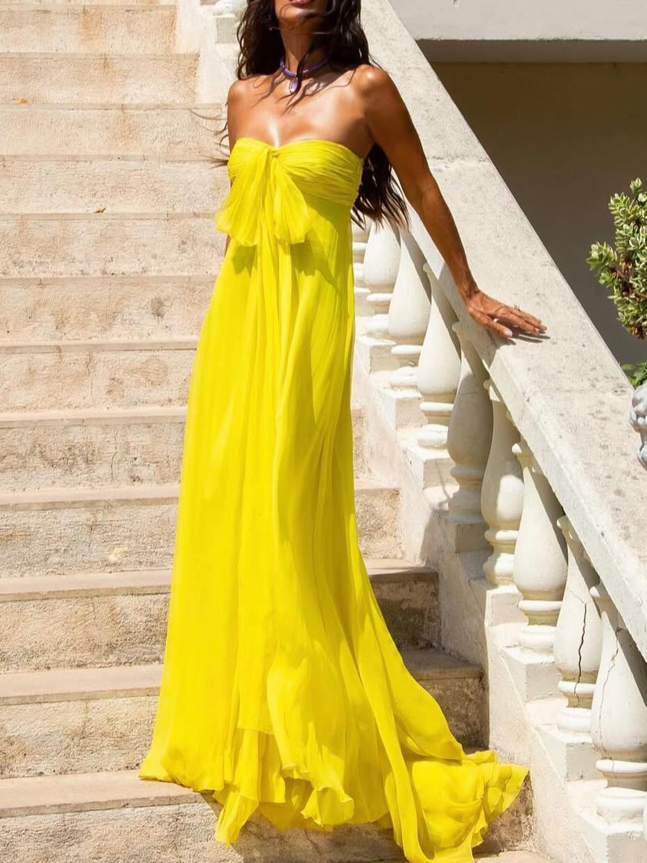 Yellow Strapless Bow Tie Maxi Dress - Image 3