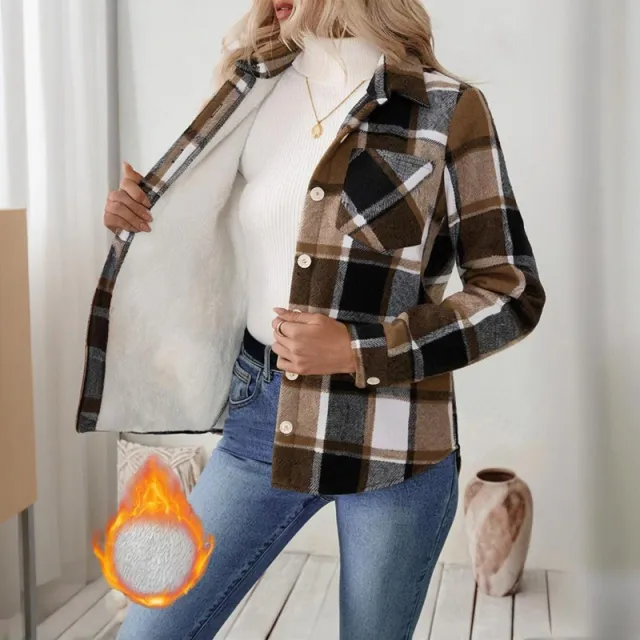 Women's Checkered Fleece Lined Shacket, Plaid Button Down Shirt Jacket With Chest Pockets, Fall Winter Outerwear Coat Coffee - Shop at LoveMi