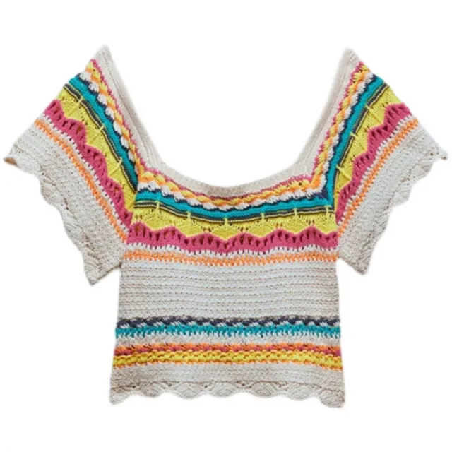 Women's Colorblock Striped Knit Hollow Short Sleeves Stripes - Shop at LoveMi