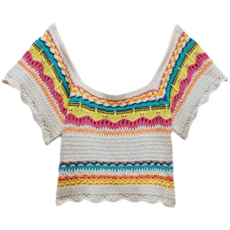 Women's Colourblock Striped Knit Hollow Short Sleeves - Stripes