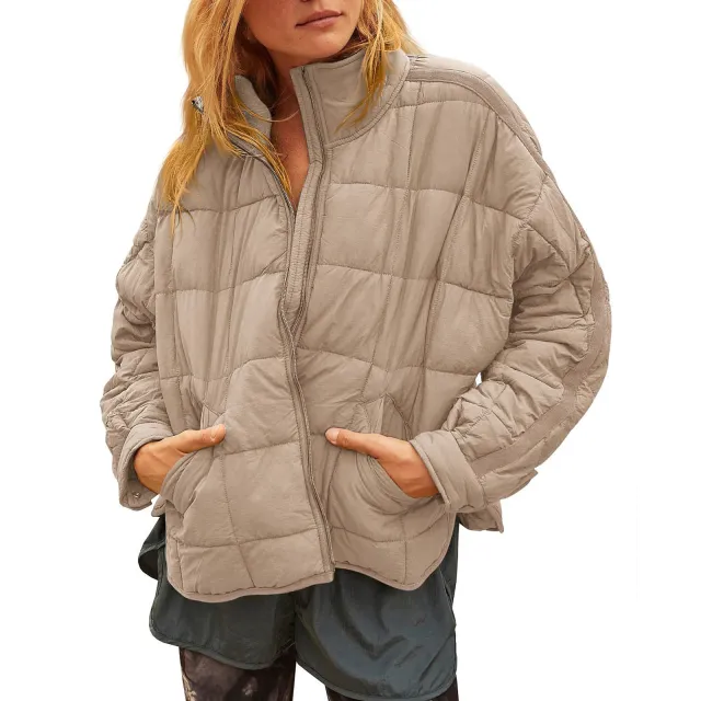 Women's Solid Color Zipper Casual Button Coat Khaki - Shop at LoveMi