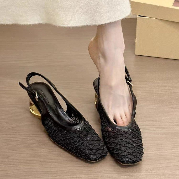 2025 French Retro Square Toe Mesh Hollow Block Heel Mary Jane Sandals For Women