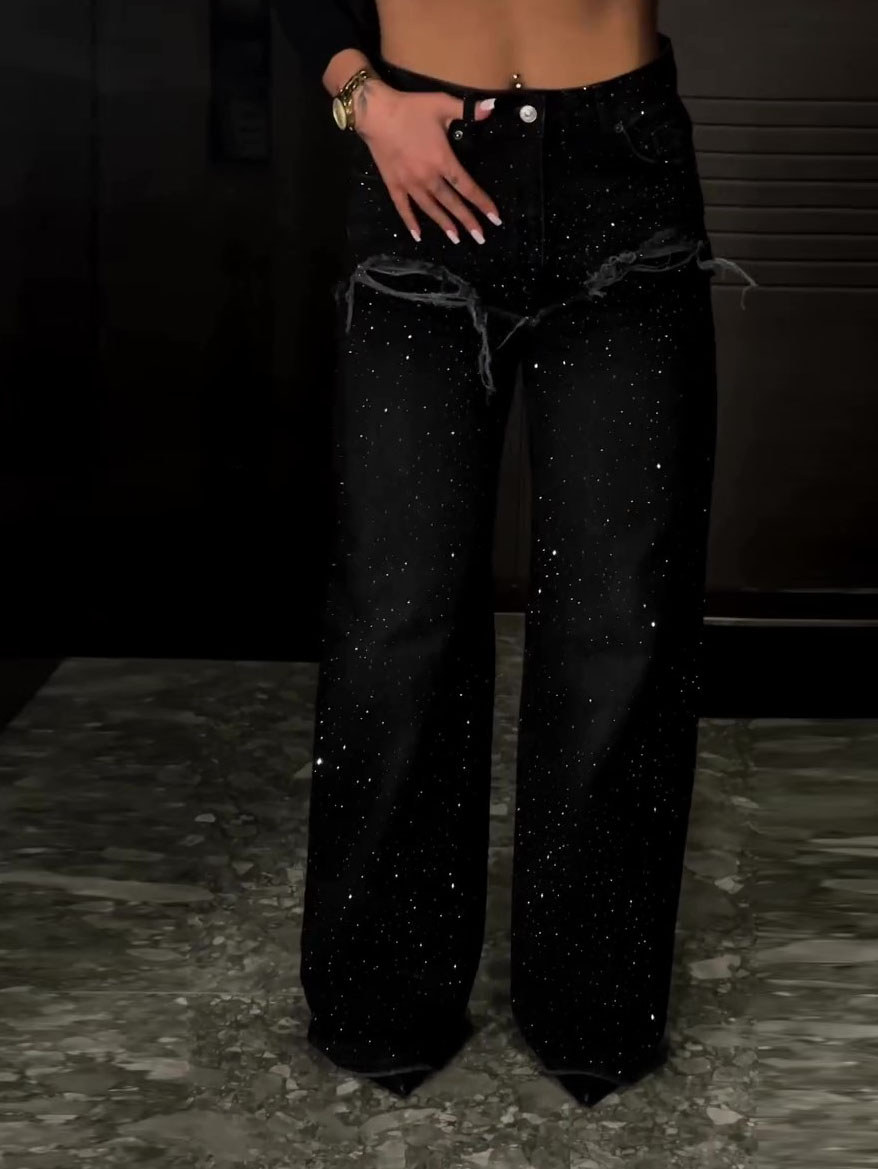 Black Rhinestone High Waist Wide Leg Jeans