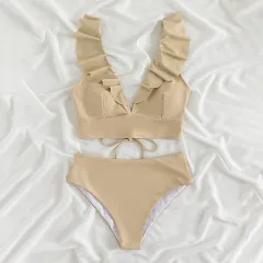 Crinkled Lace Double Strap High Waist Split Swimsuit - Apricot - View 1