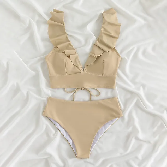 Crinkled Lace Double Strap High Waist Split Swimsuit Apricot - Shop at LoveMi