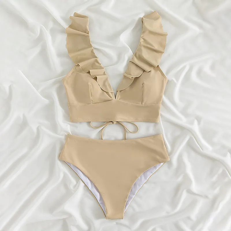 Crinkled Lace Double Strap High Waist Split Swimsuit - Apricot