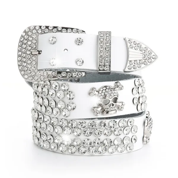 Leather Rhinestones Diamond Fashion All match Decoration Ladies Jeans Wide Belt White - Shop at LoveMi