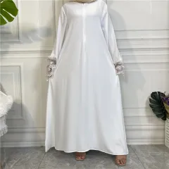 Women's Solid Colour Long-sleeved Dress With Floral Lace Zipper - White - View 1