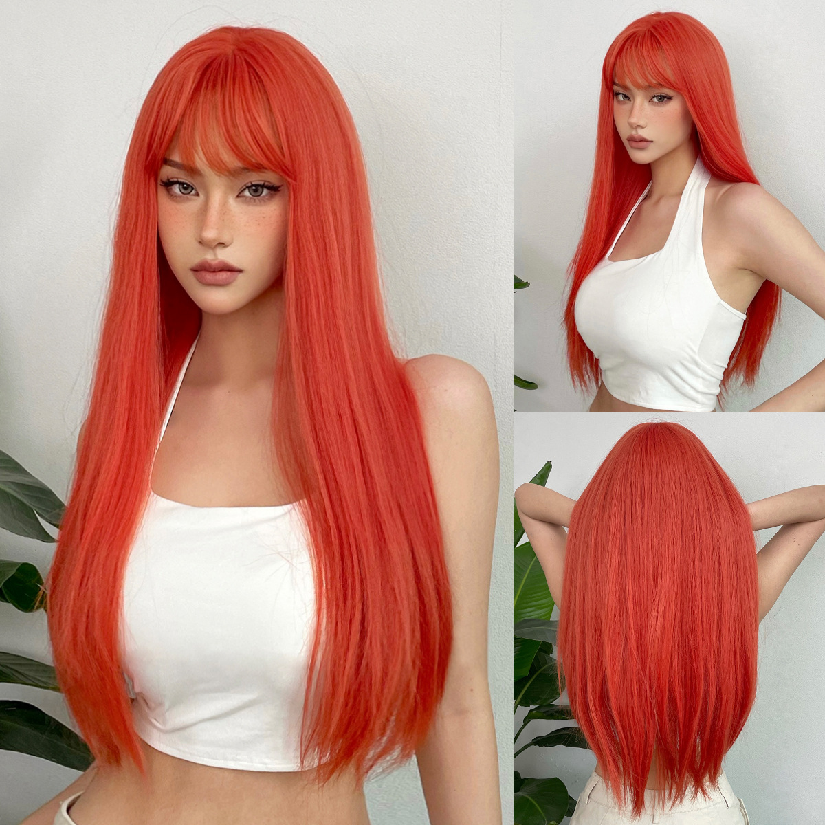 Title 4, Red Bangs Long Straight Hair Wig Festival High ...