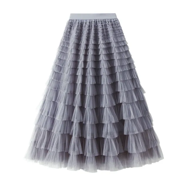 A Line Mesh Ruffle Skirt Women's Temperament Sweet Long Skirt Slim Cupcake Dress Womens Clothing Grey - Shop at LoveMi