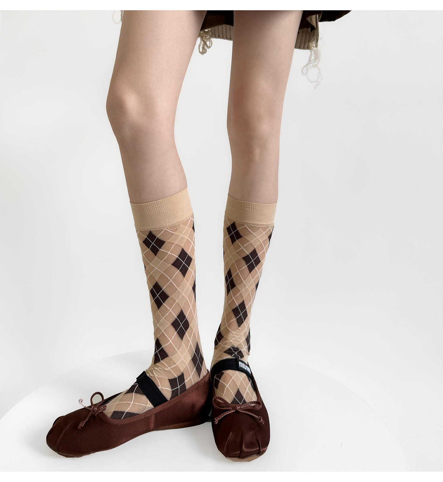 Fall Preppy Style Argyle Calf Socks, Color Block Thin Velvet Socks For Spring & Autumn, Retro Mid-Calf JK Japanese Style Silk Stockings