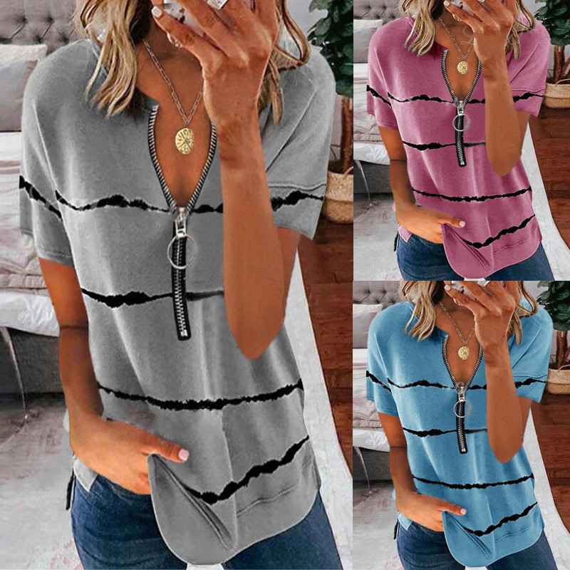 Women's Loose Short Sleeve Zipper Printed Striped T-Shirt Women
