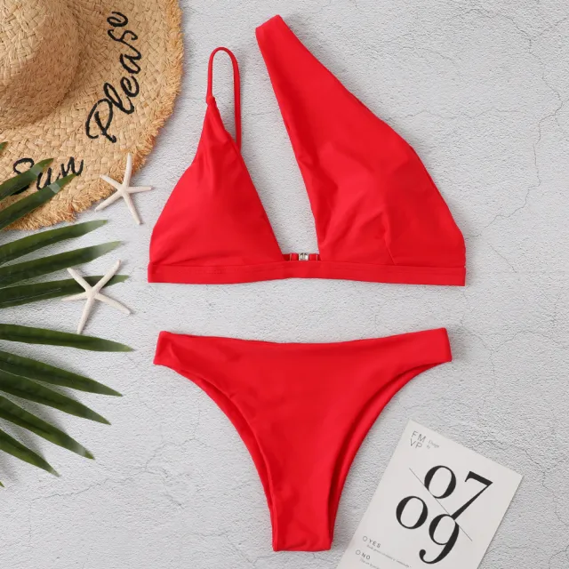 Solid Color One Shoulder Sexy Bikini Red - Shop at LoveMi