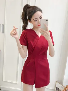 The New Small V-neck High Waist Is Thin Temperament Casual Wide-leg Shorts Jumpsuit - Wine Red - View 1