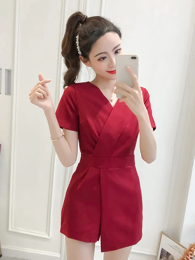 The New Small V neck High Waist Is Thin Temperament Casual Wide leg Shorts Jumpsuit Wine Red - Shop at LoveMi