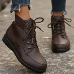 Round Toe Lace-up Ankle Boots Fall Winter Fashion Versatile Non-slip Flat Shoes Retro Western Cowboy Ankle Boot For Women - Brown - View 1