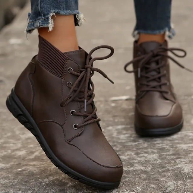 Round Toe Lace up Ankle Boots Fall Winter Fashion Versatile Non slip Flat Shoes Retro Western Cowboy Ankle Boot For Women Brown - Shop at LoveMi