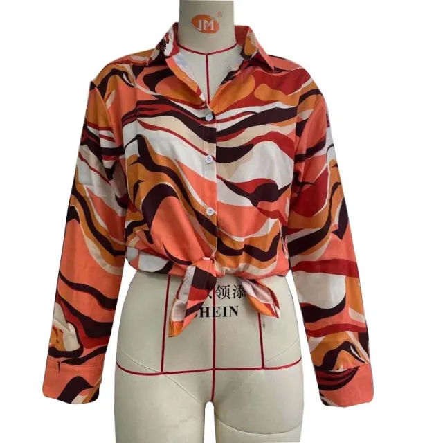 Ladies Shirt Wavy Print Single Breasted Orange - Shop at LoveMi
