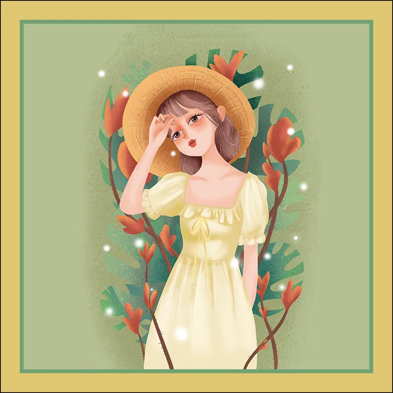 Decorative Spring And Autumn Chiffon Print Small Scarf - Straw Hat Girl