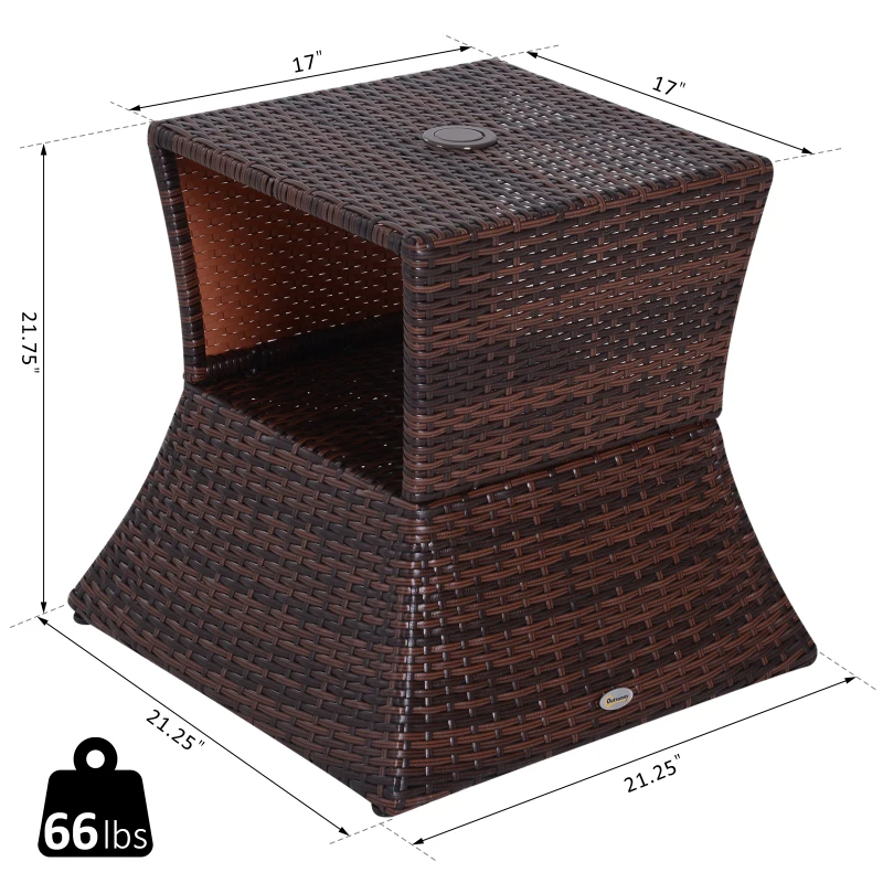 Outdoor Side Table With Umbrella Hole, 2 Tier Rattan Wicker End Table With Storage Shelf, All Weather For Outdoor, Patio, Garden, Backyard, Mixed Brown