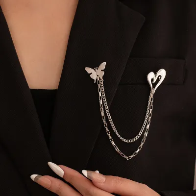 Hollow Heart & Butterfly Tassel Brooch, Minimalist Versatile Lapel Pin, Anti-Exposure Accessory For Suits & Dresses, Elegant Fashion Jewelry