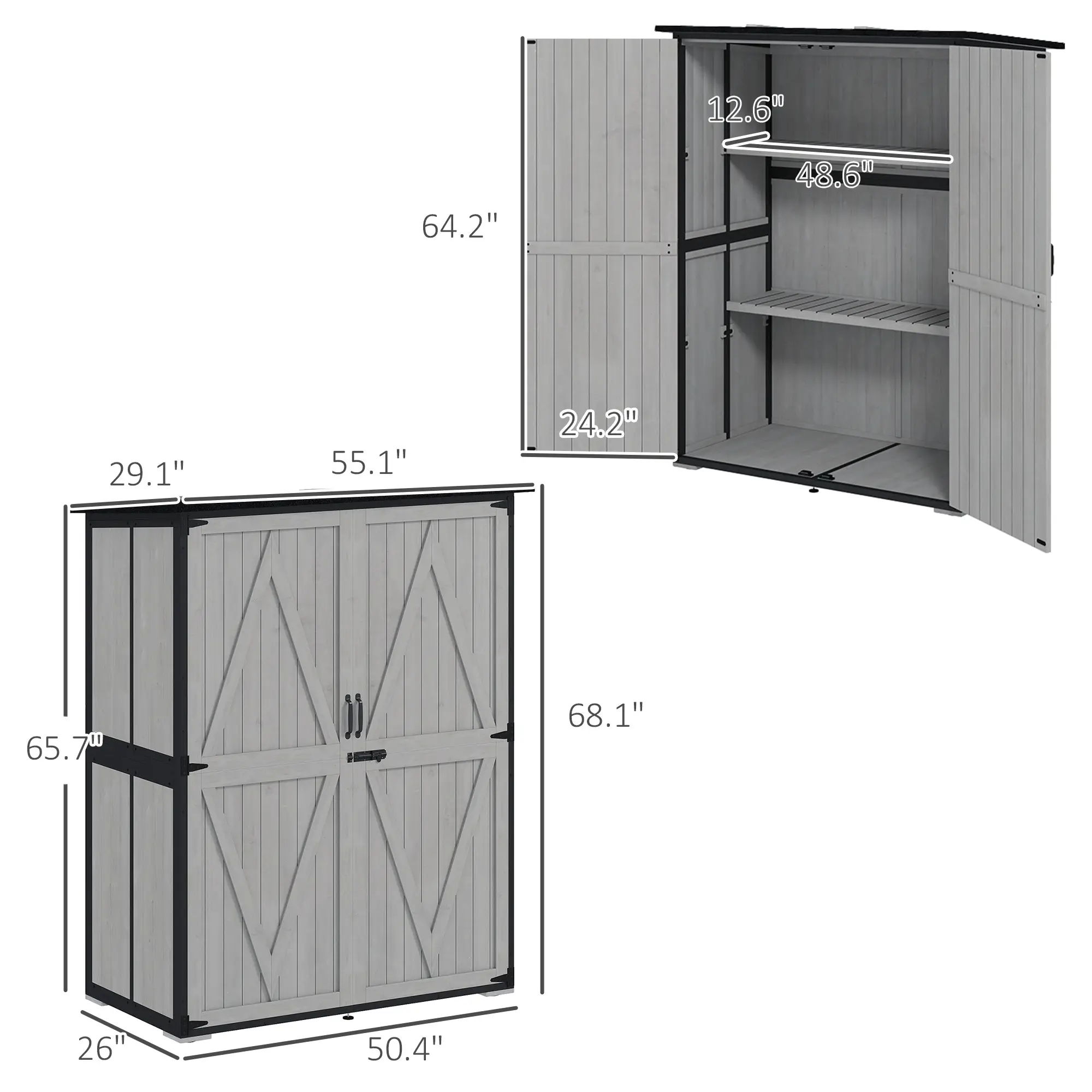 Wood Storage Shed, Outdoor Garden Shed With Asphalt Roof, 2 Shelves, Lockable Doors And Adjustable Feet, Gray