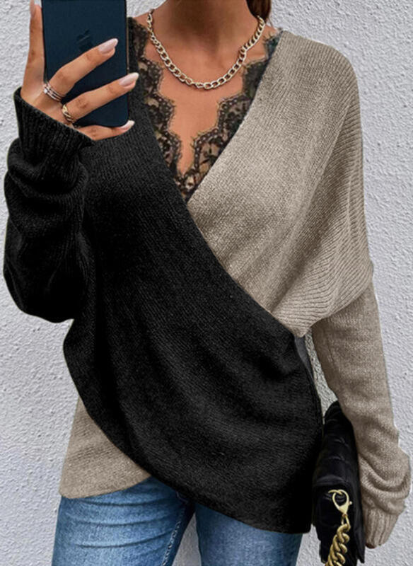 Knitted Temperament Commuter Color Matching V-neck Loose Pullover